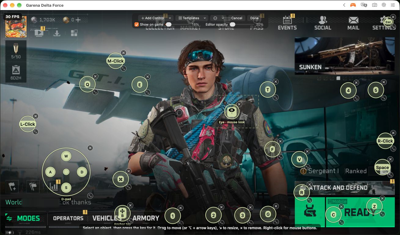 Avo's key editor over a game's lobby: a toolbar with Add Control and Templates, and key labels such as W, A, S, D, Q, E and the mouse buttons placed on the game's buttons.