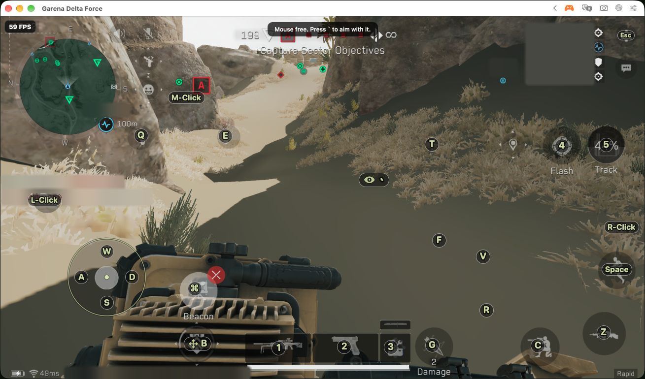 A shooter in its own Mac window, with round labels for W, A, S, D, Q, E, Space and the mouse buttons placed over the game's touch controls, and the frame rate in the top corner. Player names are blurred.