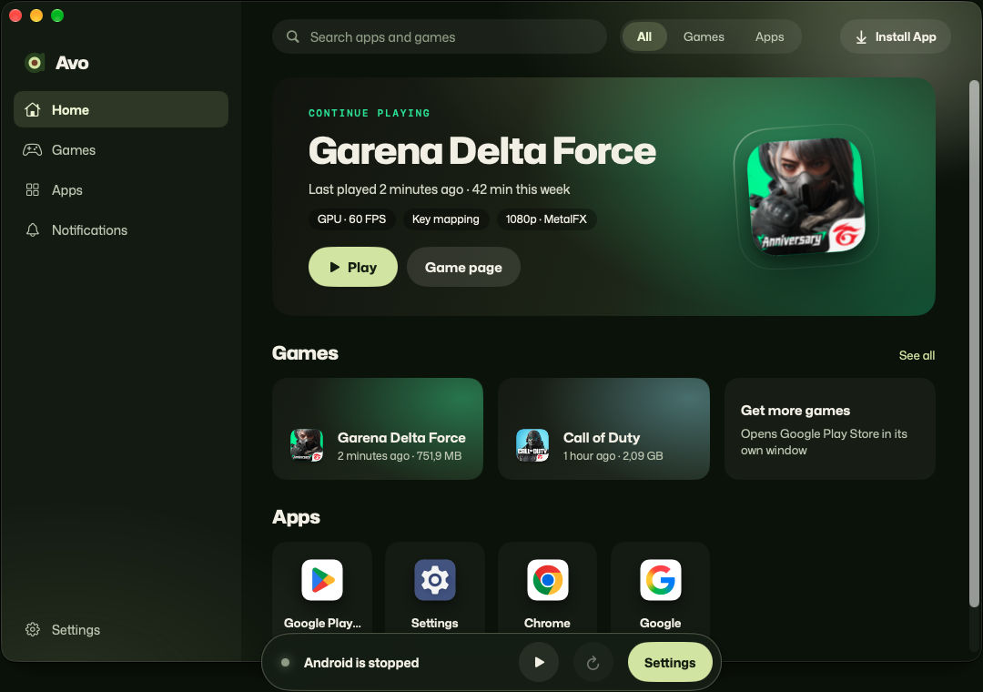 Avo's library window on a Mac: a game to pick up where you left off, then rows of Android games and apps.