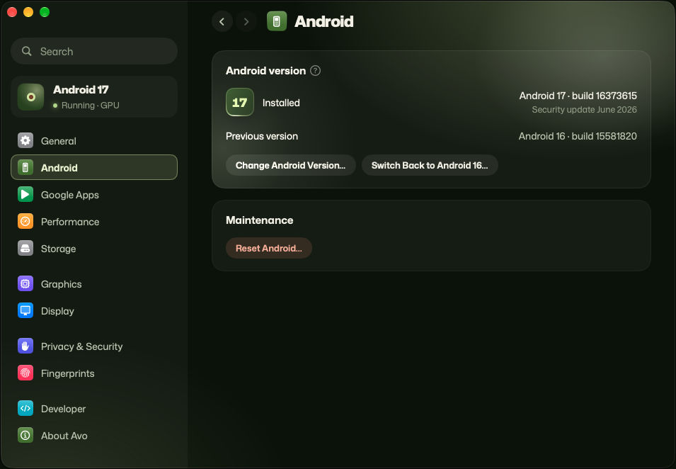 Android settings: Android 17 is installed with the June 2026 security update, Android 16 is kept as the previous version, and there are buttons to change versions, switch back or reset Android.