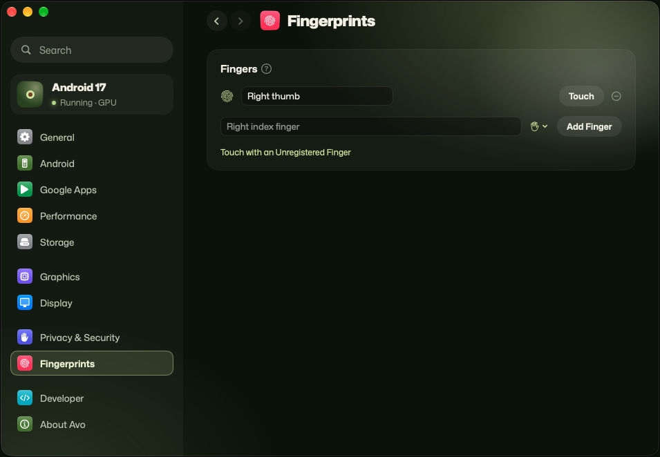 Fingerprints settings: a finger named Right thumb with a Touch button, a field to add another finger, and an option to touch with an unregistered finger.