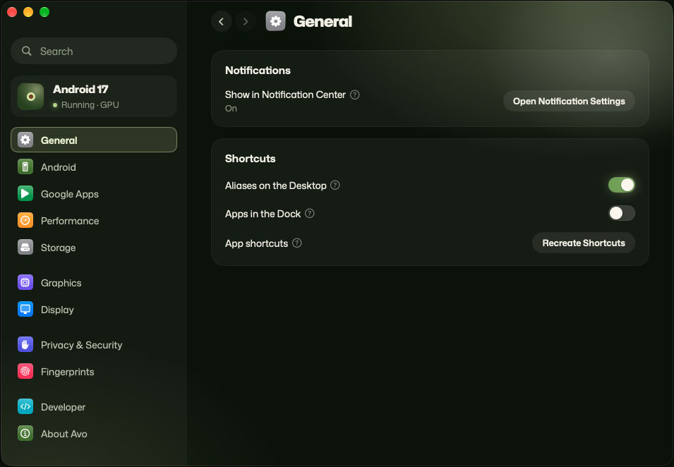General settings: app alerts show in Notification Center, with switches for app aliases on the Desktop and apps in the Dock, and a button to recreate shortcuts.