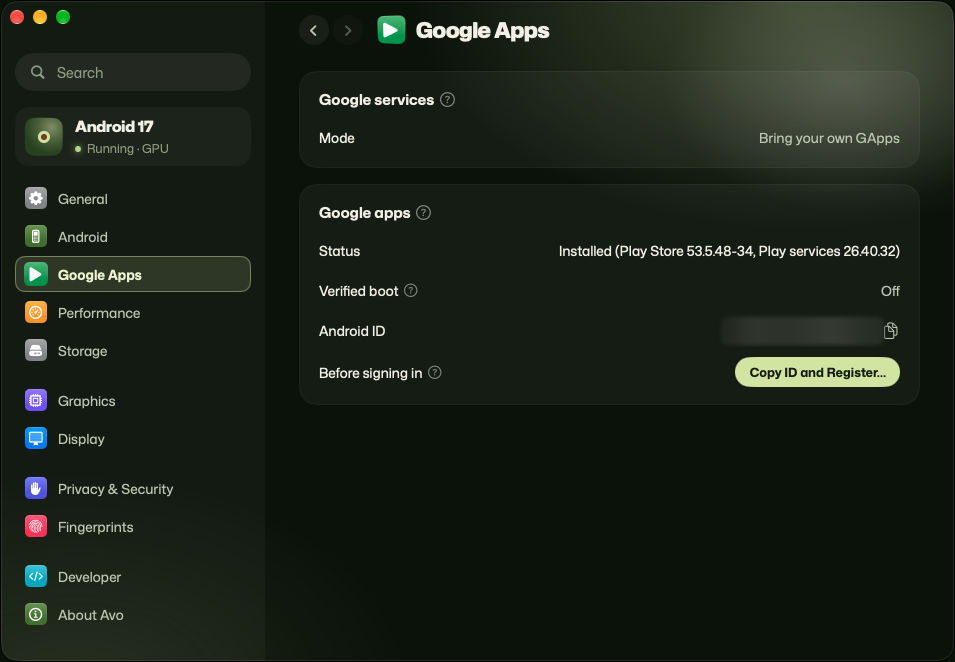 Google Apps settings: the Play Store and Play services are installed, the Android ID is blurred, and a button copies the ID to register with Google before signing in.