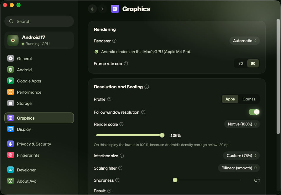 Avo's Graphics settings: the renderer is set to Automatic and uses the Mac's graphics chip, the frame rate cap is 60, and there are controls for render scale, interface size, scaling filter and sharpness.