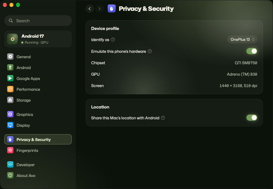 Privacy & Security settings: a device profile set to identify as a OnePlus 13, with its chipset, graphics and screen listed, and a switch that shares the Mac's location with Android.